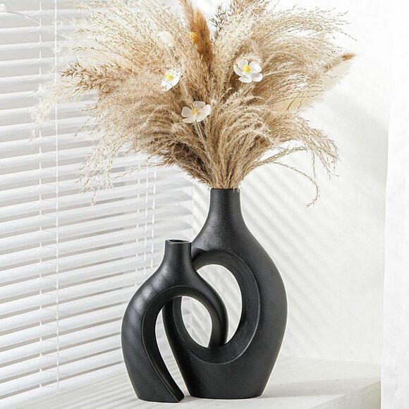 XL Black Ceramic Vase Set of 2 for Modern Home Decor Neutral Boho Round Donut P